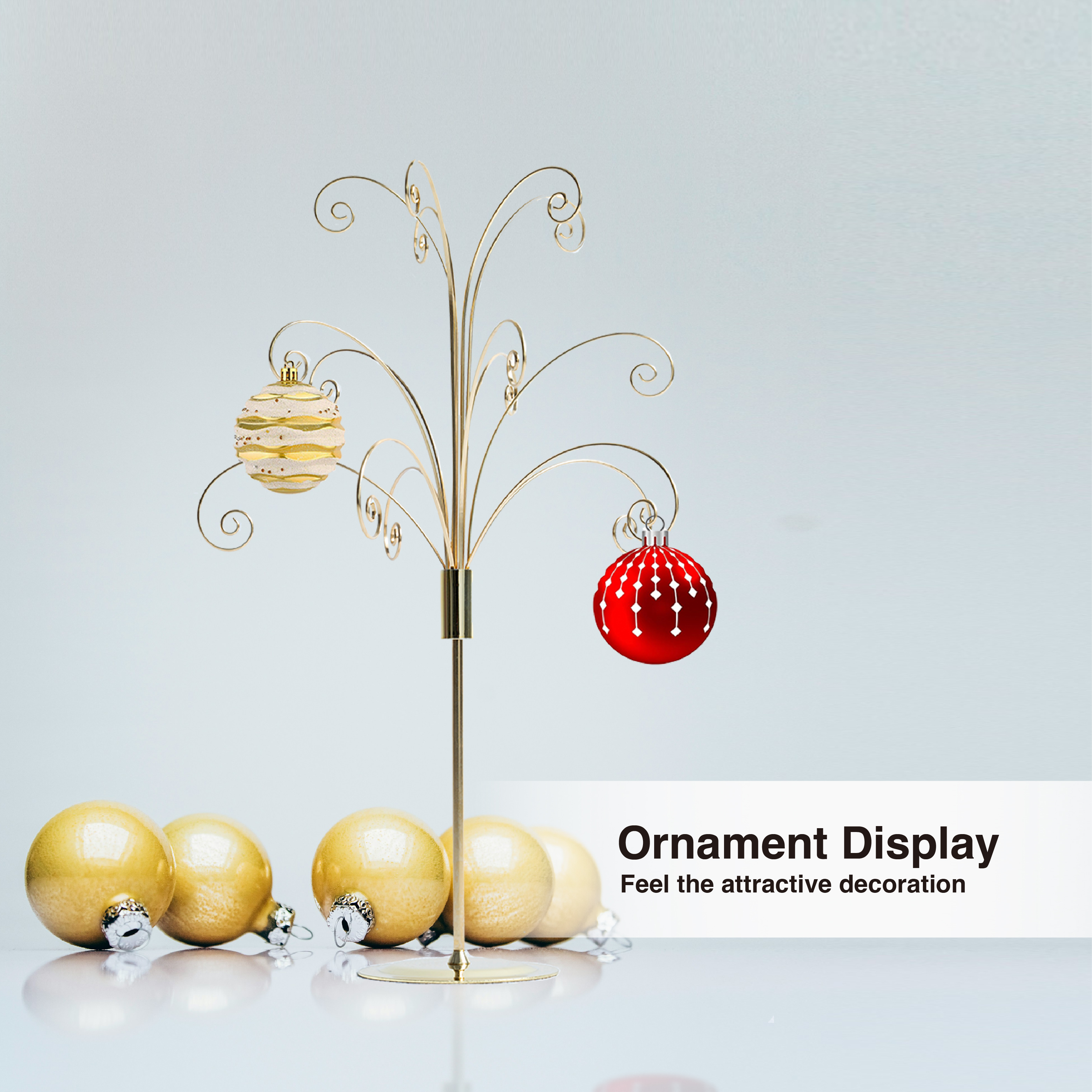 HOHIYA 20 Inch Tabletop Ornament Display Tree Metal Christmas Tree Stand for Desk and Mantel Small Jewelry Tower with Hooks Perfect Holiday Gift Brass Gold